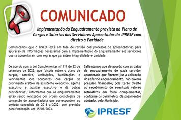 Implementação do Enquadramento previsto no Plano de Cargos e Salários dos Servidores Aposentados do IPRESF com direito à Paridade