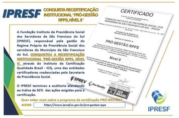 IPRESF CONQUISTA CERTIFICADO DE BOAS PRÁTICAS DE GESTÃO