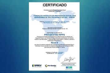 IPRESF CONQUISTA CERTIFICAÇÃO INSTITUCIONAL ‘PRÓ-GESTÃO RPPS – NÍVEL II’